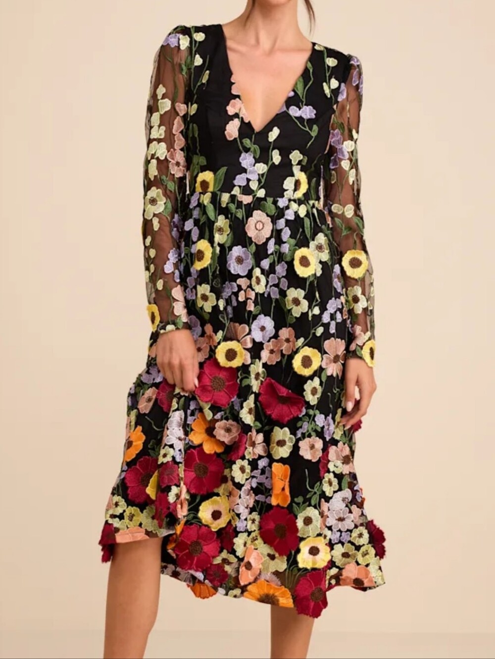 Lulus NWOT Sheer Black 3D VIBRANT Floral Fantasy Embroidered MIDI Dress. XL - Picture 2 of 16